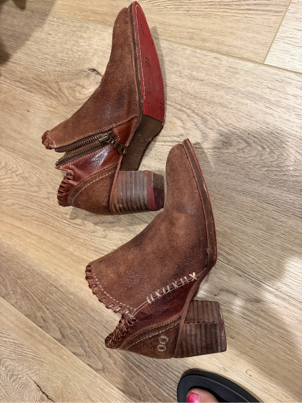 BED|STU Women's Brown Suede Ankle Booties with Stacked Heel